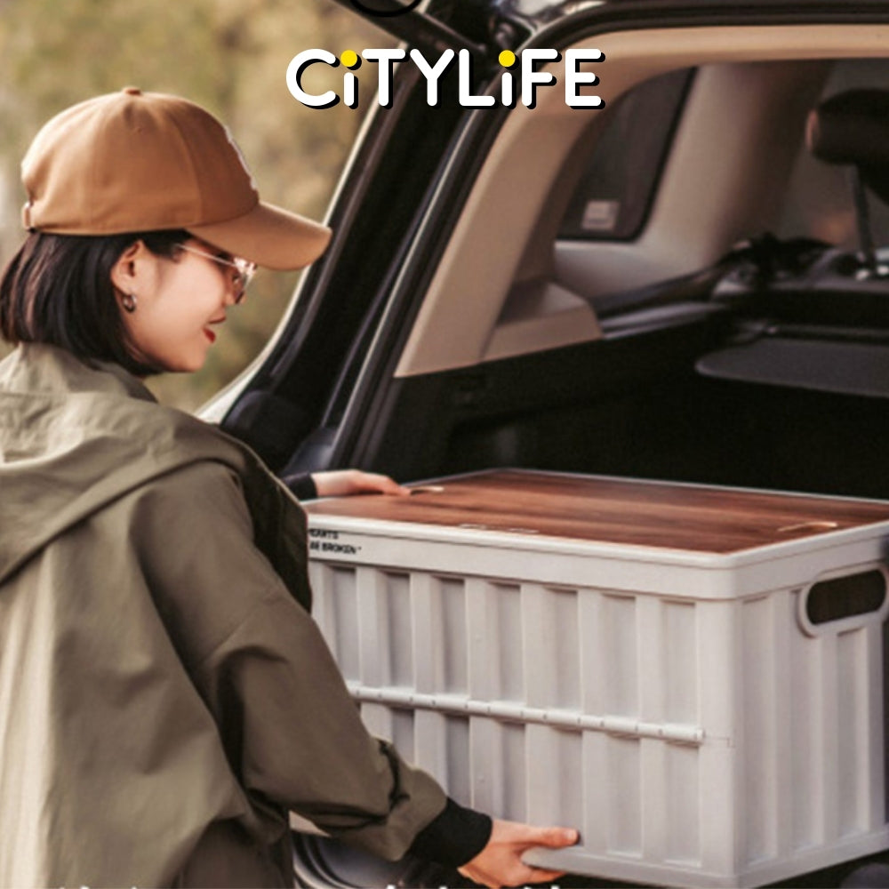 Citylife 64L Collapsible Storage Box Crate with Lid Folding Storage Box with Wooden Cover Panel for Home Outdoor X-6274