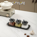 (1 Set) Citylife Kitchen Glass Jar Condiment Box Sealed Condiment BottleWith 3 Measurement Spoons H-9164