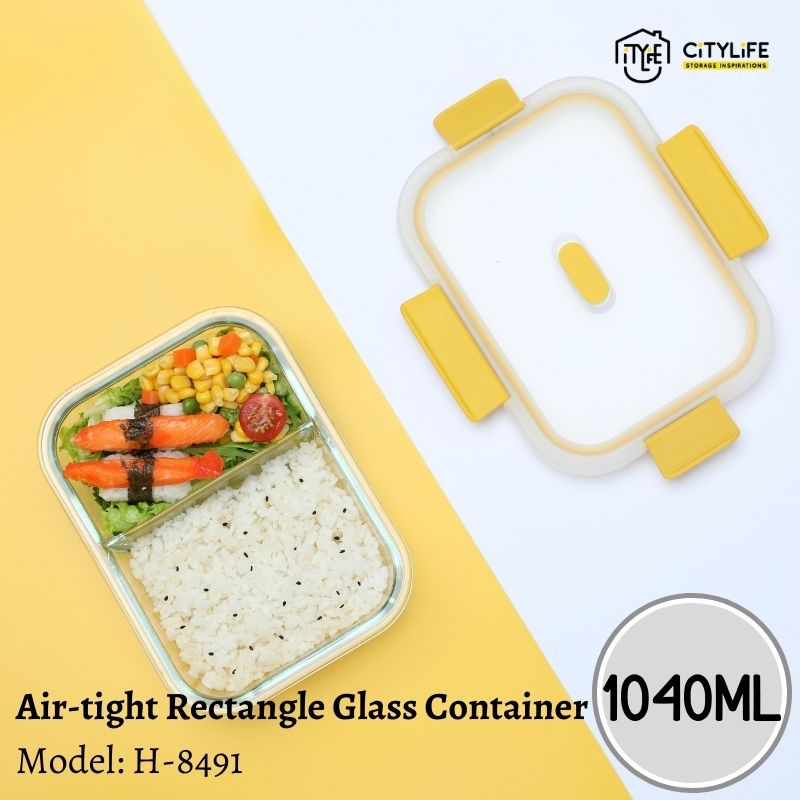 (Bundle of 2) Citylife 1040ML Air-tight Rectangle Shape Oven Microwave Freezer Glass Container With Divider H-8491