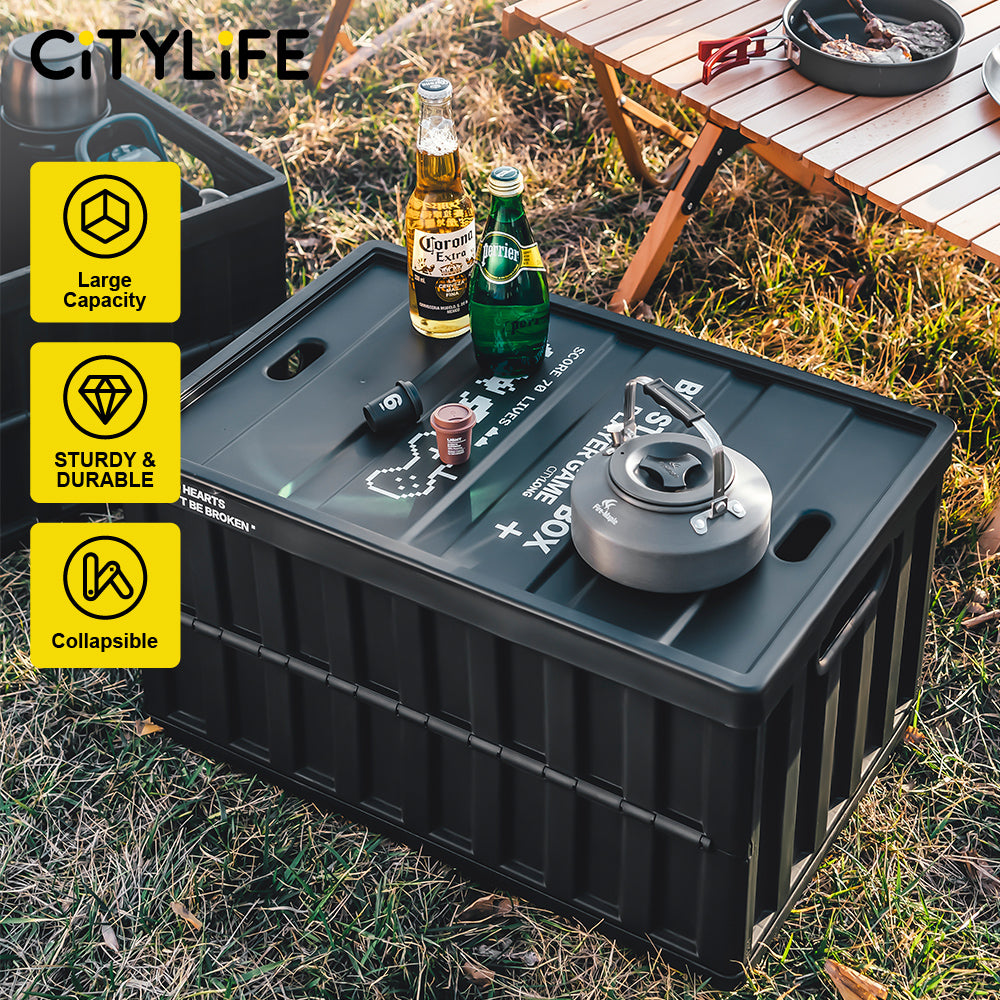Citylife 64L Collapsible Storage Box Crate with Lid Folding Storage Box with Cover Panel for Home Outdoor