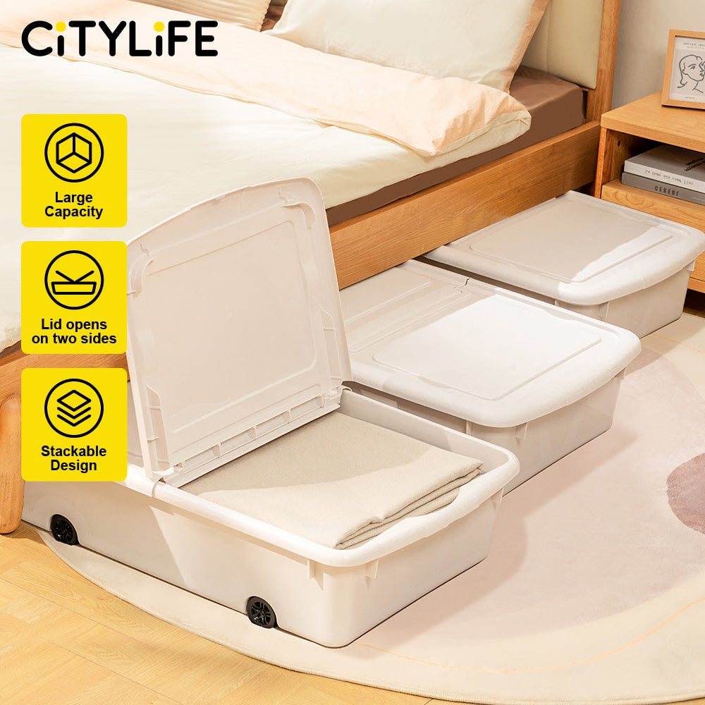 Citylife 36L Underbed Storage Box With Wheels Dormitory Quilt Sorting Box Double-sided Lid
