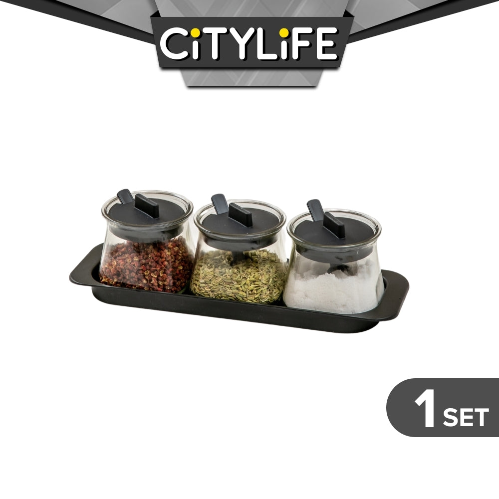 (1 Set) Citylife Kitchen Glass Jar Condiment Box Sealed Condiment BottleWith 3 Measurement Spoons H-9164