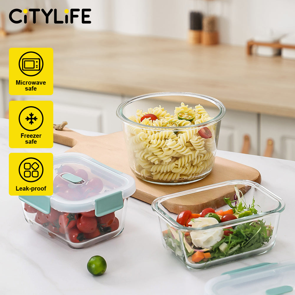 Citylife Antibacterial Glass Food Container Bundle Air-tight Glass Lunch Box Microwaveable BPA Free Bento Box