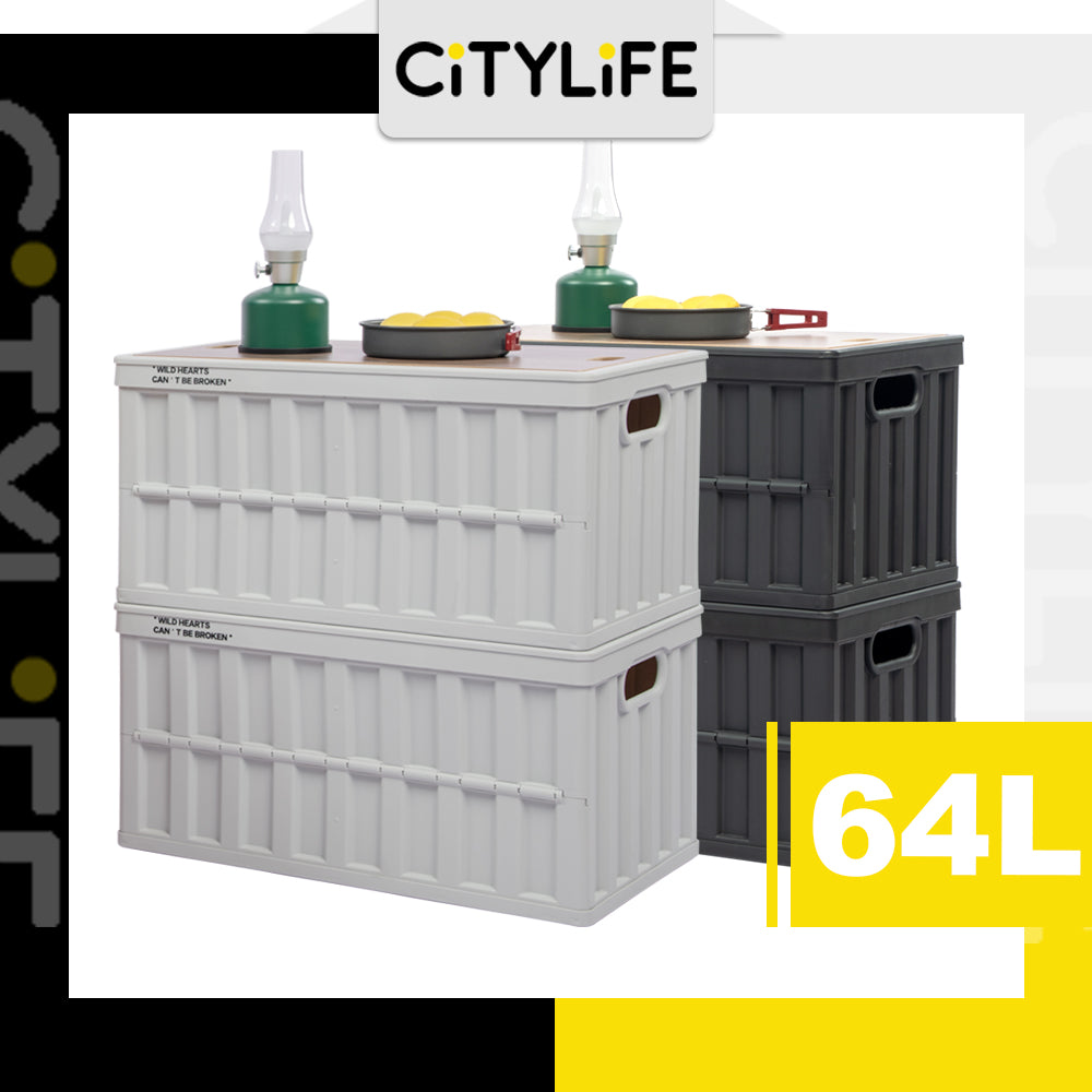 Citylife 64L Collapsible Storage Box Crate with Lid Folding Storage Box with Wooden Cover Panel for Home Outdoor X-6274