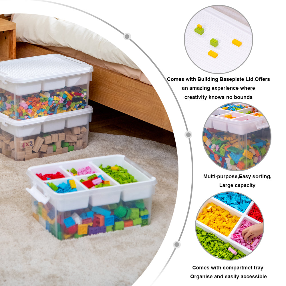 Citylife 16L/43L Plastic Storage Box With Building Baseplate Lid Container With Extra Compartment Tray X-60151617