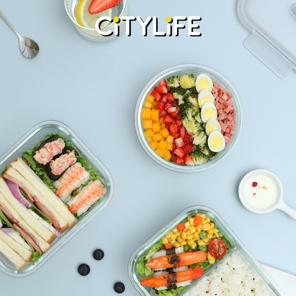 (Gift Pack Bundle) Citylife Air-tight Glass Lunch Box Oven Microwave Glass Food Container Bento Box H-84818283