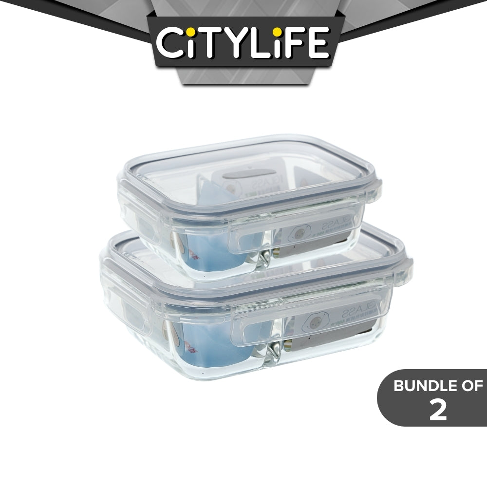 (Bundle of 2) Citylife Air-tight Glass Lunch Box Oven Microwave Glass Food Container Bento Box With Divider H-849091