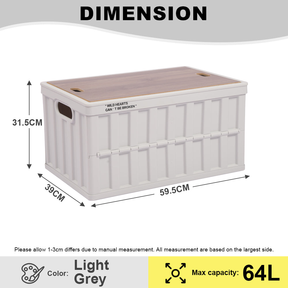 Citylife 64L Collapsible Storage Box Crate with Lid Folding Storage Box with Wooden Cover Panel for Home Outdoor X-6274