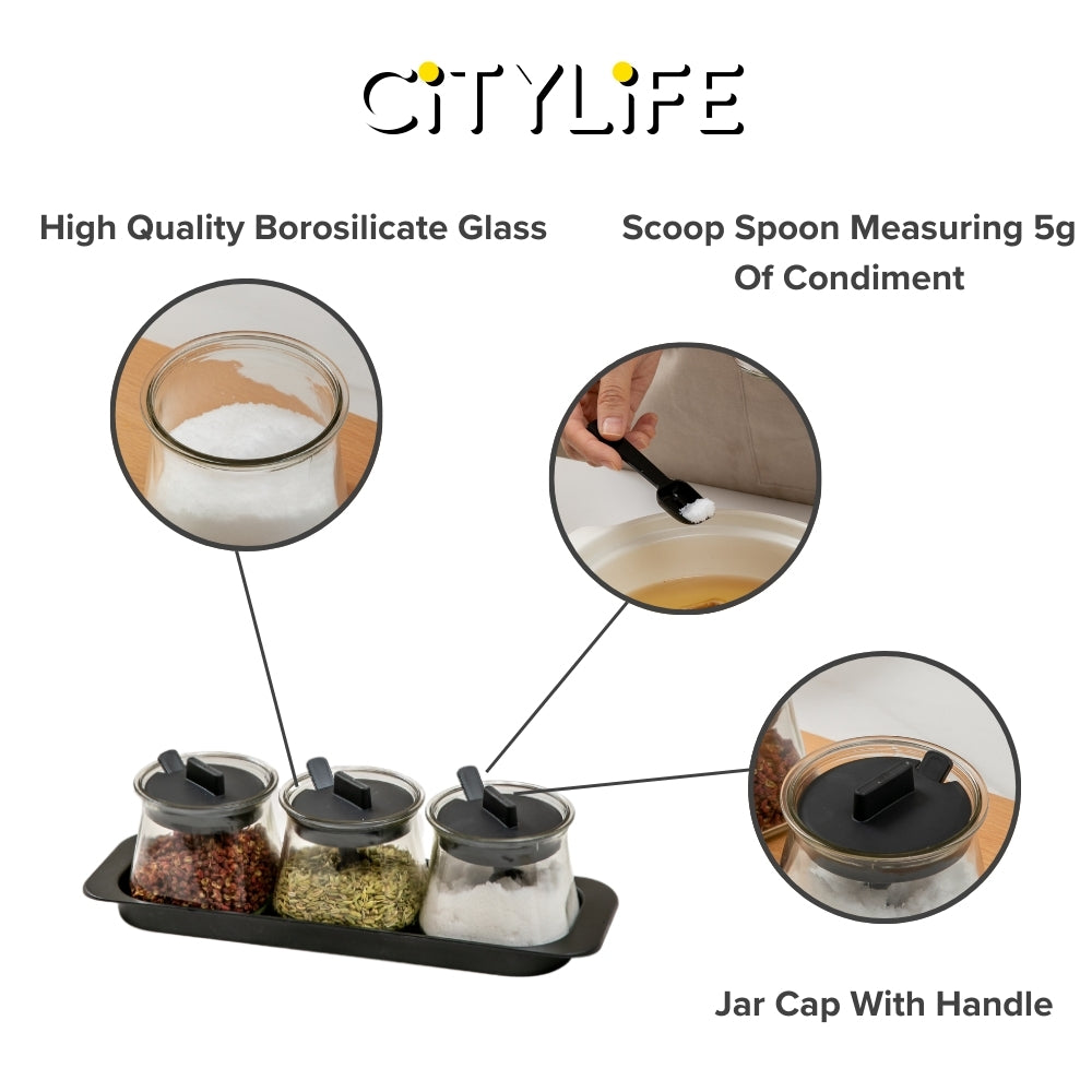 (1 Set) Citylife Kitchen Glass Jar Condiment Box Sealed Condiment BottleWith 3 Measurement Spoons H-9164