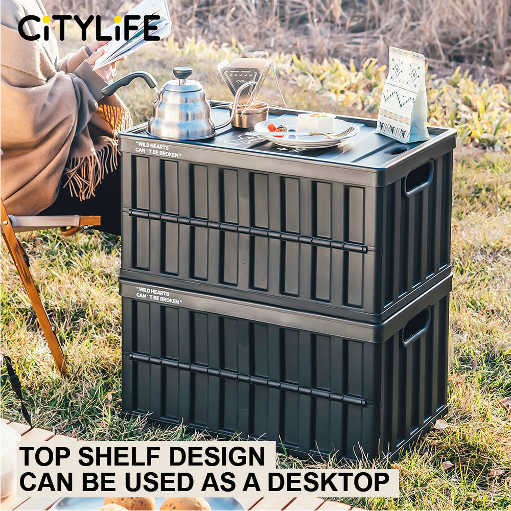 Citylife 64L Collapsible Storage Box Crate with Lid Folding Storage Box with Cover Panel for Home Outdoor