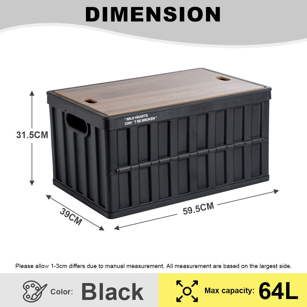 Citylife 64L Collapsible Storage Box Crate with Lid Folding Storage Box with Wooden Cover Panel for Home Outdoor X-6274