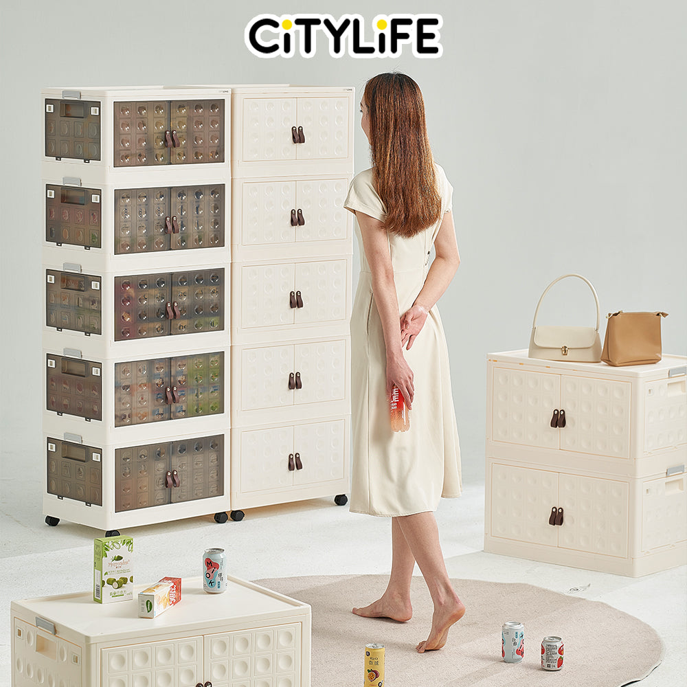 Citylife 73L-125L Folding Storage Cabinet Wardrobe Organizer Stackable Double Door Foldable Home Clothes Snacks Storage Cabinet G-51444546