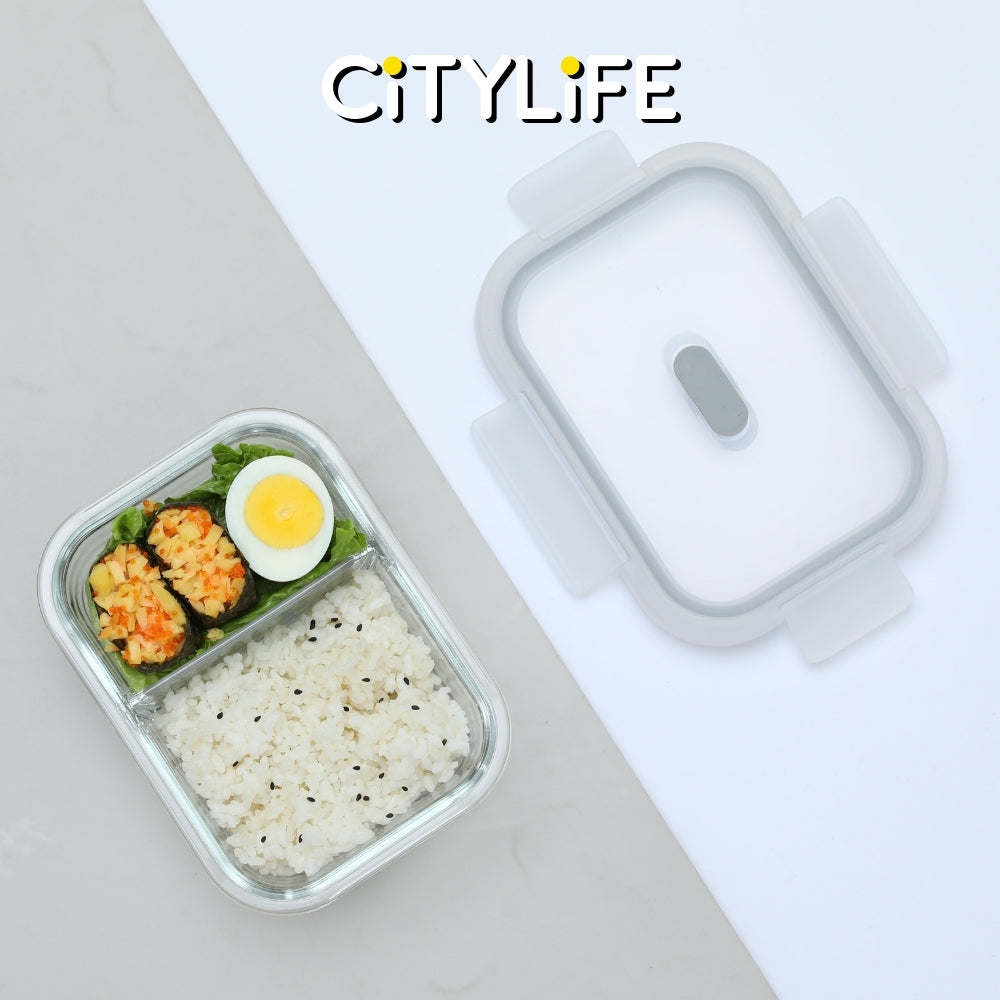 (Gift Pack Bundle) Citylife Air-tight Glass Lunch Box Oven Microwave Glass Food Container Bento Box W Divider H-849091