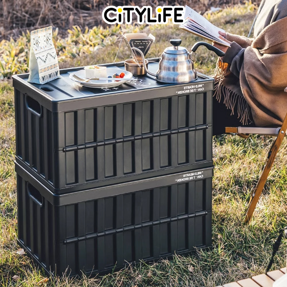 Citylife 64L Collapsible Storage Box Crate with Lid Folding Storage Box with Wooden Cover Panel for Home Outdoor X-6274