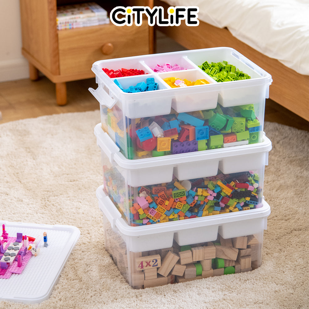 Citylife 16L/43L Plastic Storage Box With Building Baseplate Lid Container With Extra Compartment Tray X-60151617