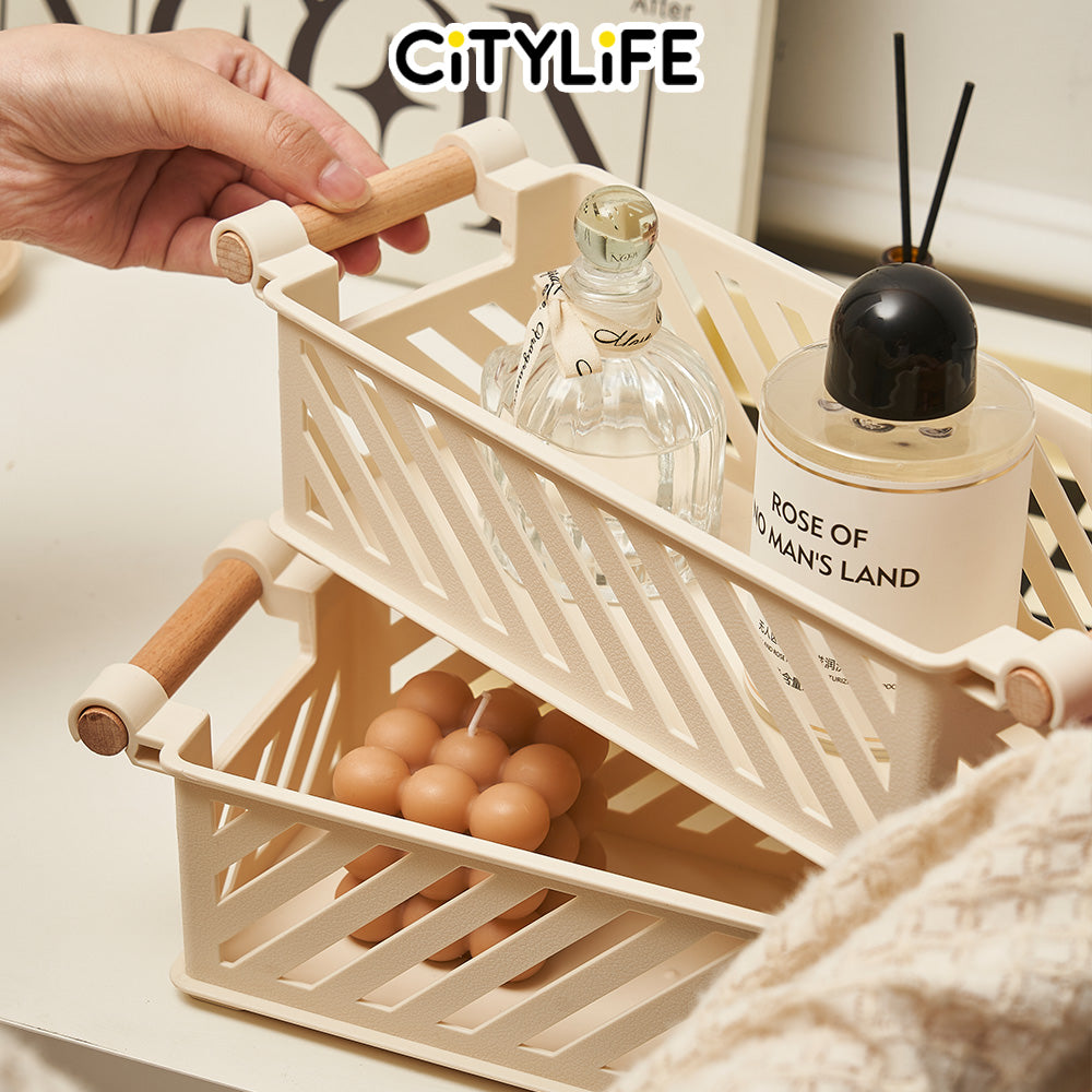 (Bundle of 2) Citylife Stackable Storage Box Crate Storage Basket Open Top Table Decorative Tray Organizer H-8018889