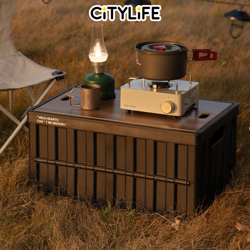 Citylife 64L Collapsible Storage Box Crate with Lid Folding Storage Box with Wooden Cover Panel for Home Outdoor X-6274