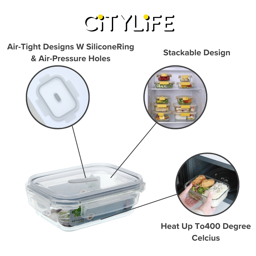 (Bundle of 2) Citylife Air-tight Glass Lunch Box Oven Microwave Glass Food Container Bento Box H-84848586