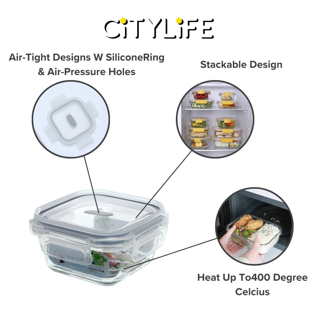 (Gift Pack Bundle) Citylife Air-tight Glass Lunch Box Oven Microwave Glass Food Container Bento Box H-84818283