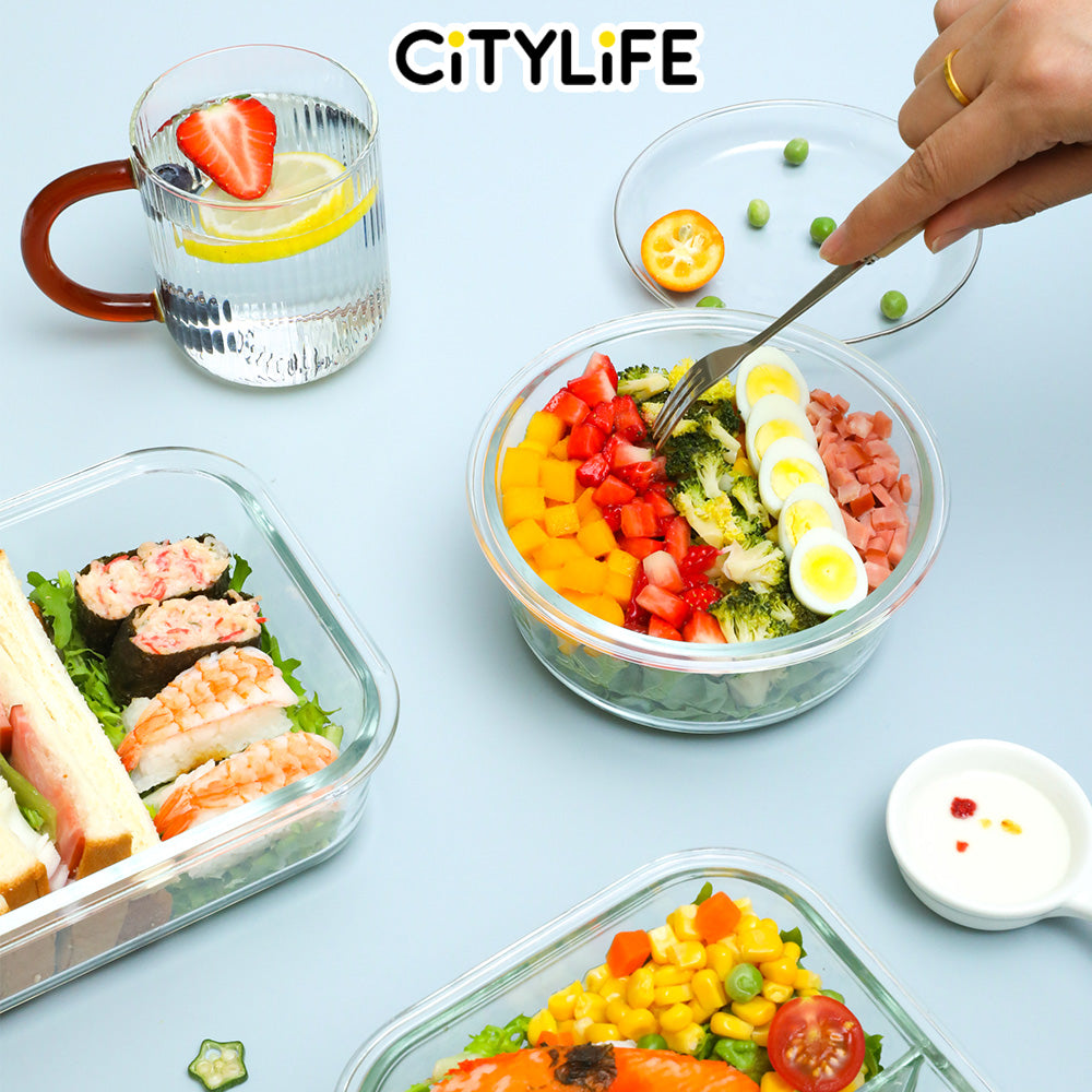 (Gift Pack Bundle) Citylife Air-tight Glass Lunch Box Oven Microwave Glass Food Container Bento Box W Divider H-849091