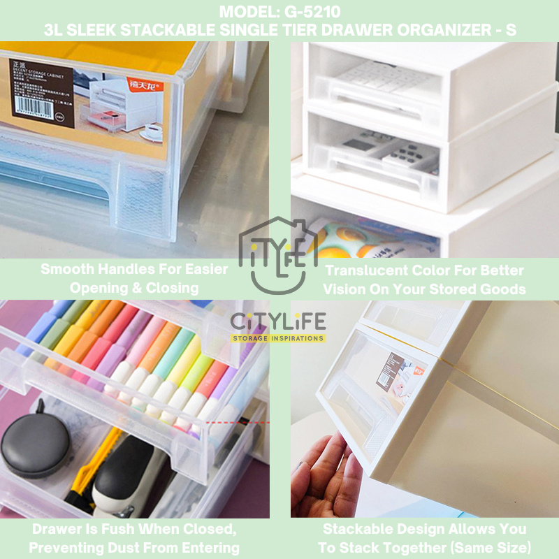 (Bundle of 2) Citylife 3L Multi-Purpose Desk Stackable Sleek Single Tier Storage Drawer Organizer - S G-5210