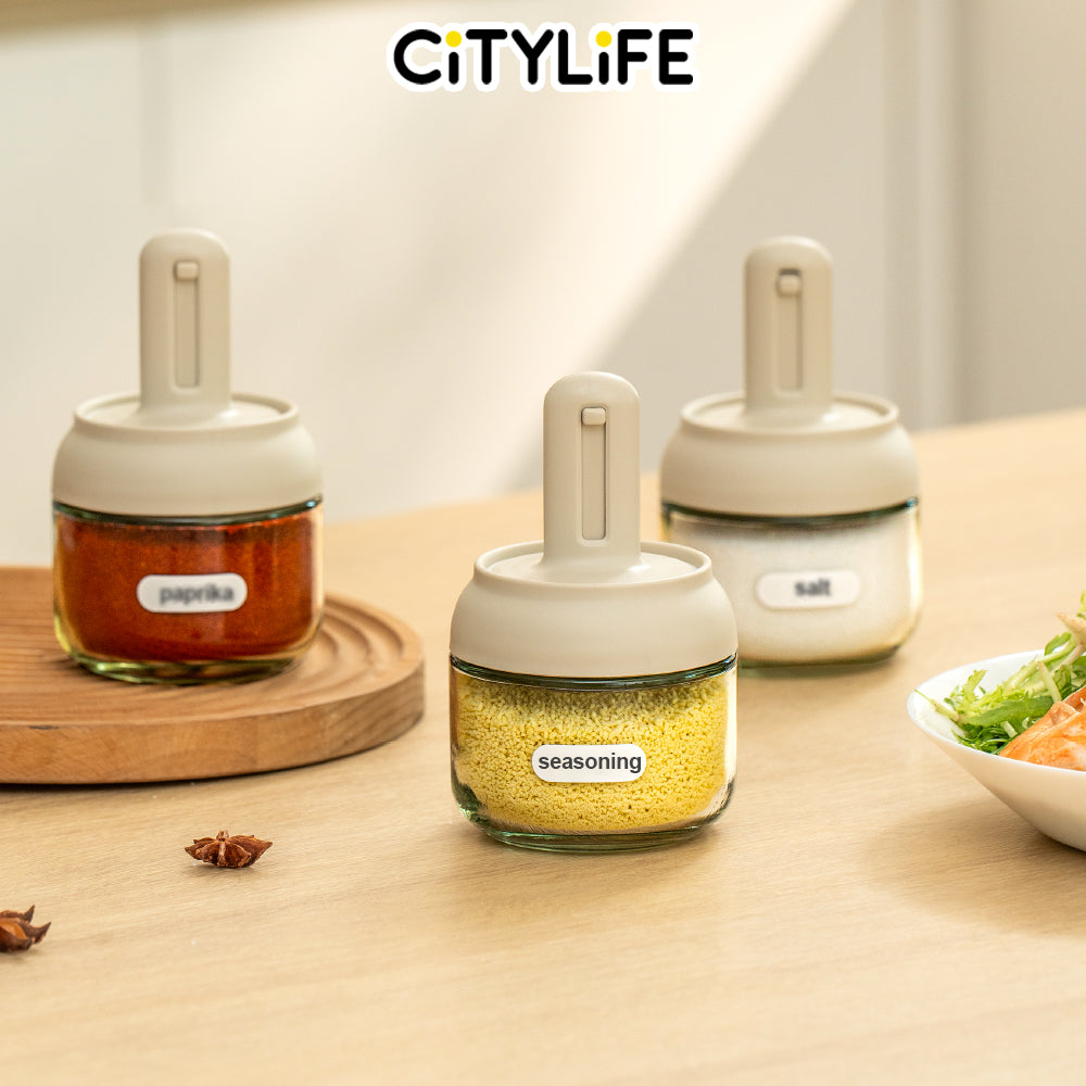 (Bundle of 3) Citylife 285ml Spice Jars Kitchen Glass Bottle Condiment Container Glass Spice Seasoning Jars with Retractable Spoon H-80338