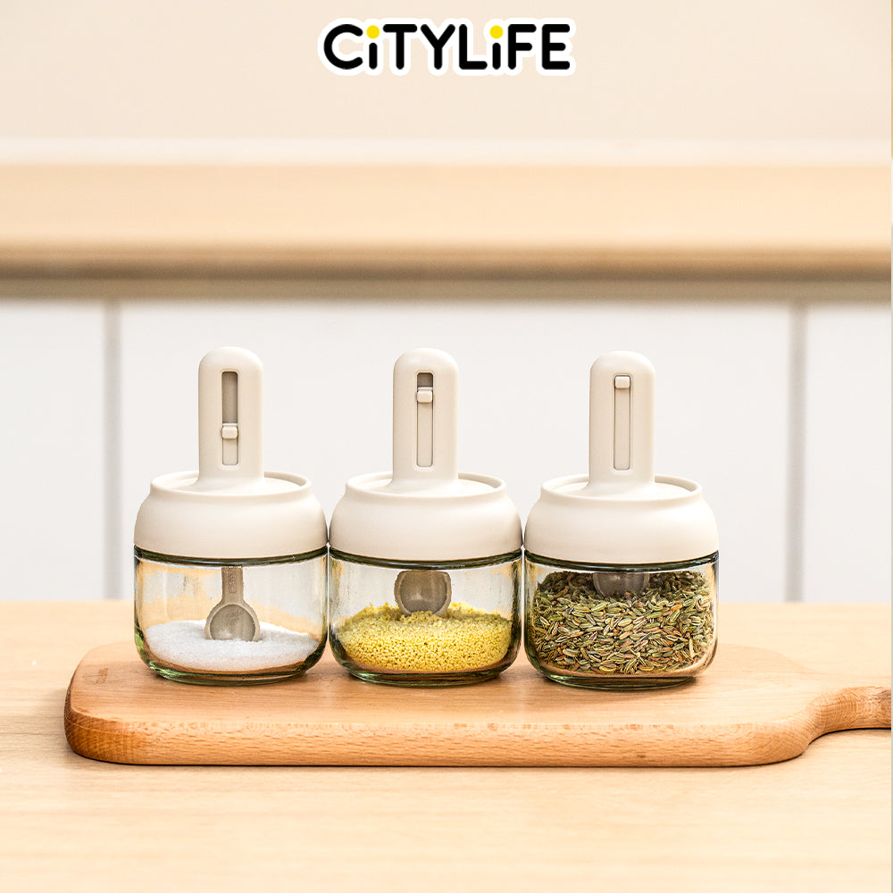 (Bundle of 3) Citylife 285ml Spice Jars Kitchen Glass Bottle Condiment Container Glass Spice Seasoning Jars with Retractable Spoon H-80338