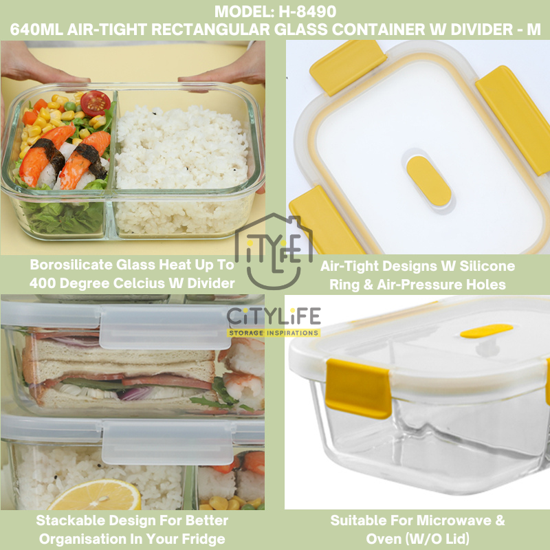 (Bundle of 2) Citylife 640ML Air-tight Rectangle Shape Oven Microwave Freezer Glass Container With Divider H-8490