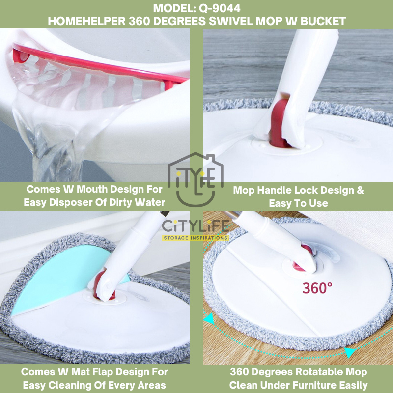 Citylife Kitchen Bathroom Laundry Homehelper 360 Degree Swivel Mop With Bucket - Free 2pcs Refill Mop Cloth Q-9044