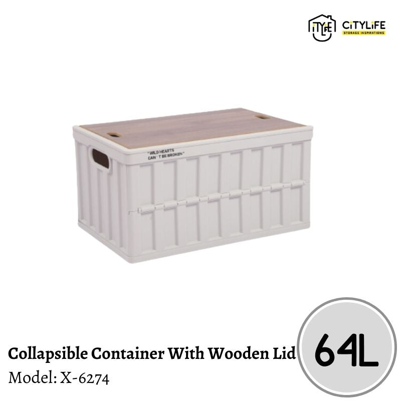 Citylife 64L Collapsible Car Storage Multi-Purpose Tools Stackable Storage Container Box With Wooden Lid - L X-6274